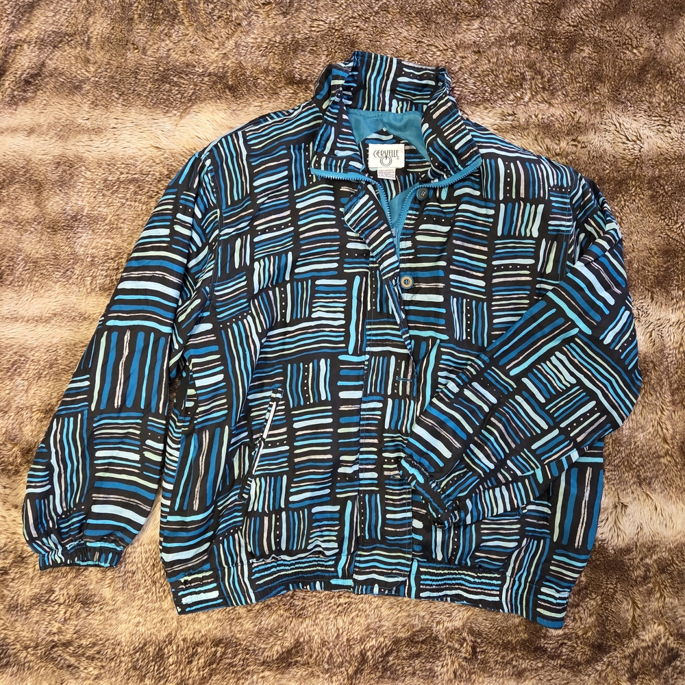 Vintage Abstract Striped Pattern Jacket – Retro Artsy Windbreaker Y2K Vibes 80s